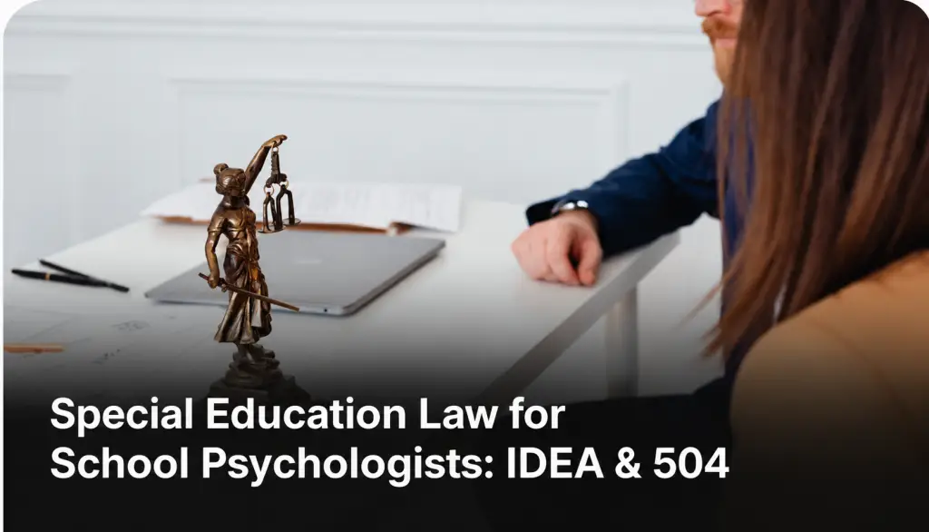 Statue of Lady Justice and open laptop representing special education law and ethics for school