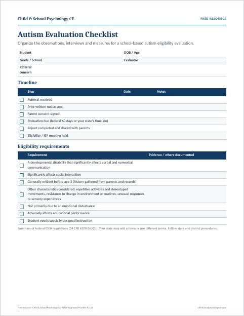 Preview of the Autism evaluation checklist