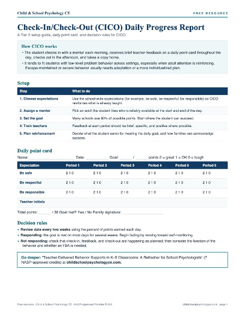 Cover of Check-In/Check-Out (CICO) Daily Progress Report