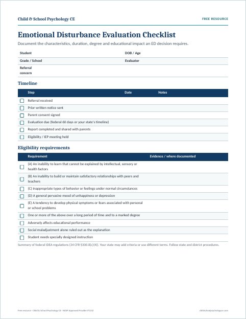 Preview of the Emotional Disturbance evaluation checklist
