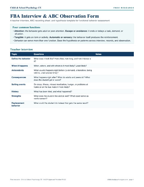 Cover of FBA Interview & ABC Observation Form