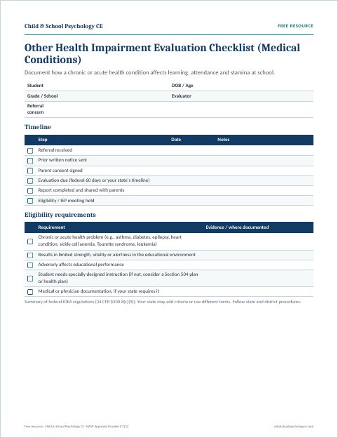 Preview of the Other Health Impairment (Medical) evaluation checklist