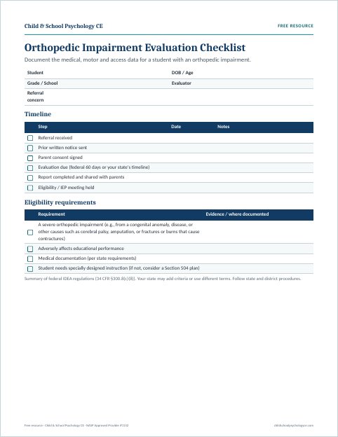 Preview of the Orthopedic Impairment evaluation checklist