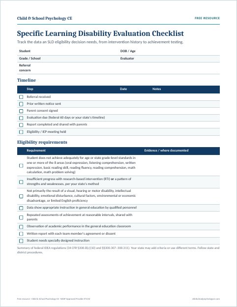 Preview of the Specific Learning Disability evaluation checklist